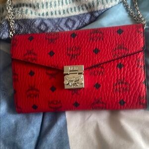 MCM Red Crossbody Bag with Gold Hardware and Monogram